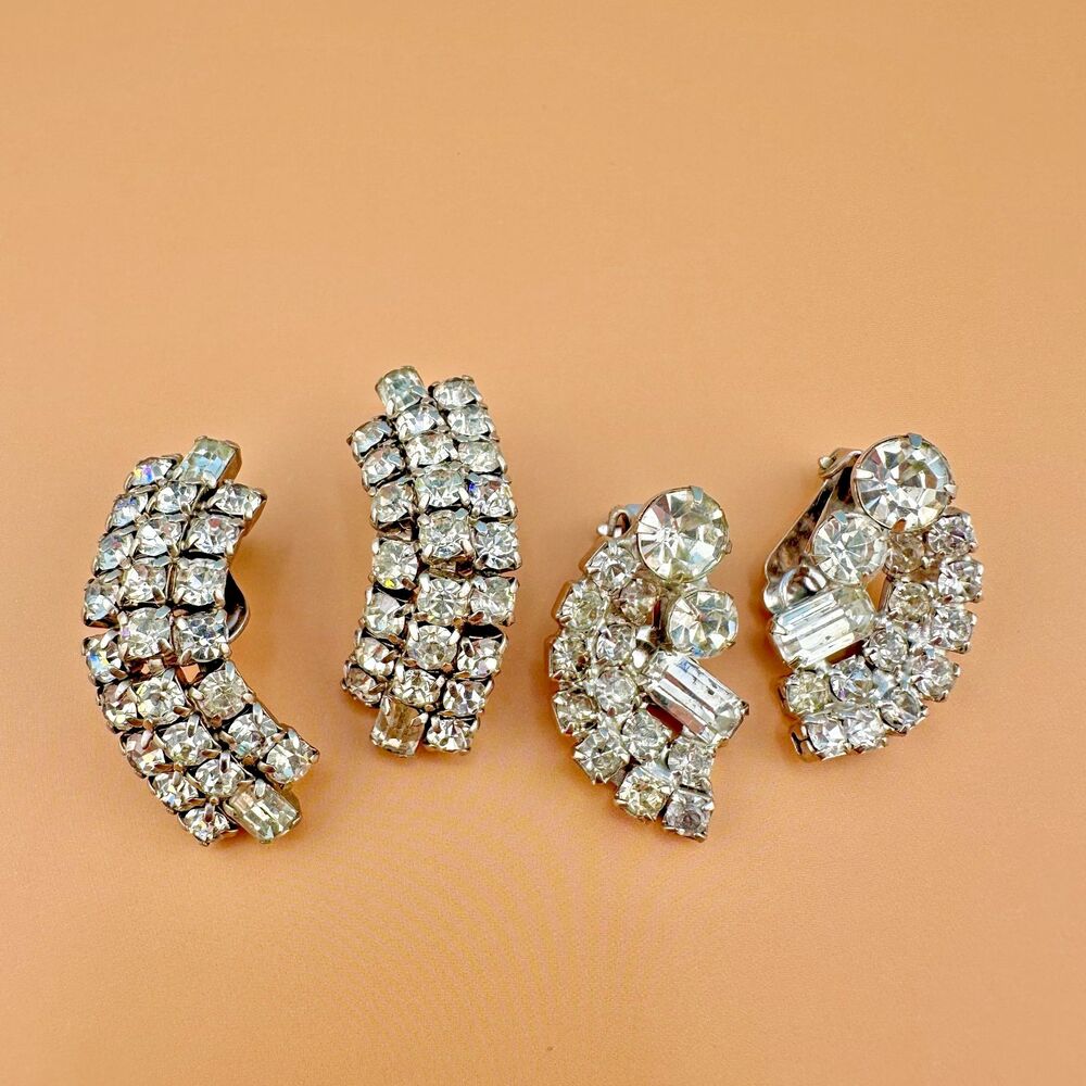 Vintage Rhinestone Earrings Lot Silver Tone Climber Prong Set Clear Crystal